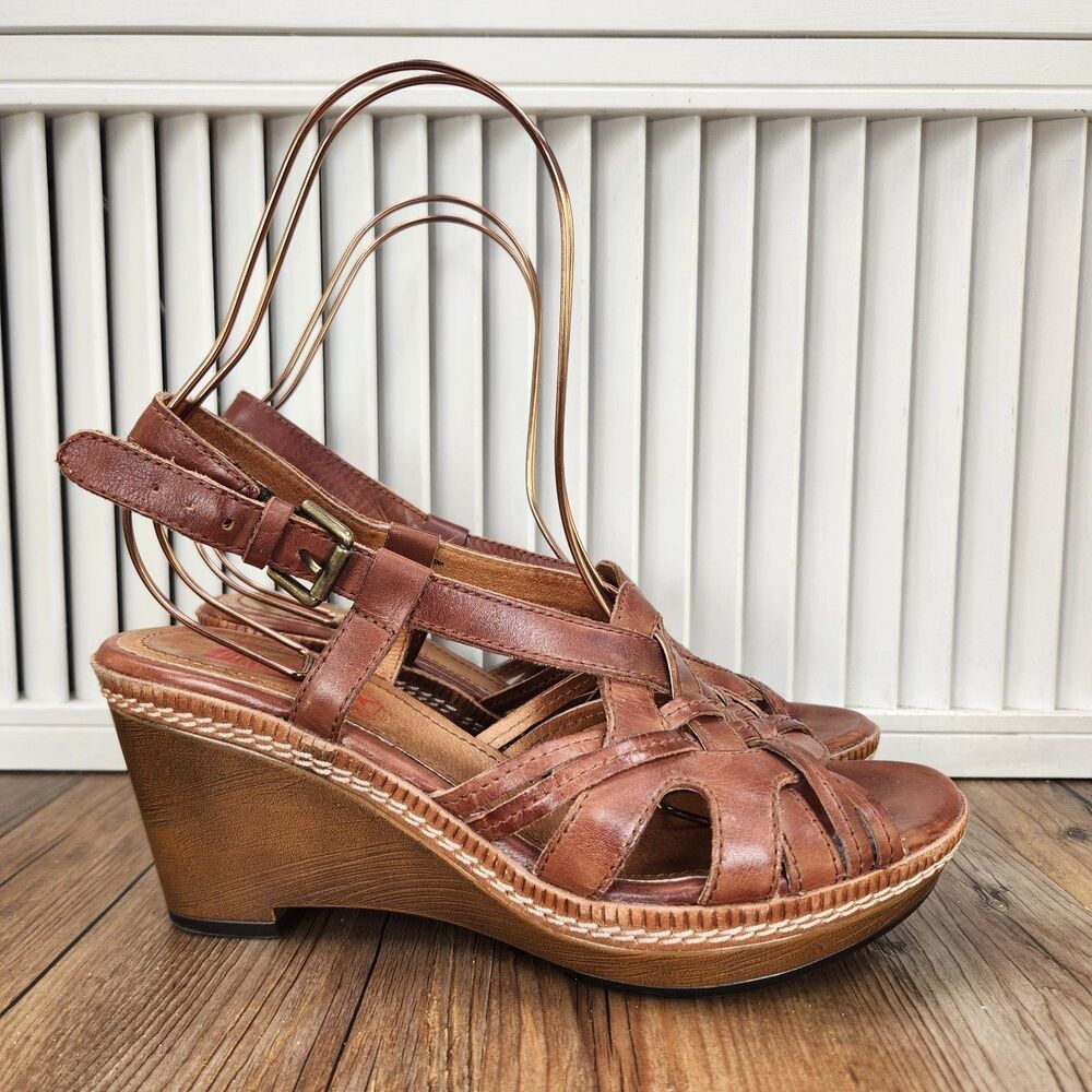 Pikolinos Wedge Sandals Womens Sz 8.5 Brown Leather Woven Buckle Slingback Shoes